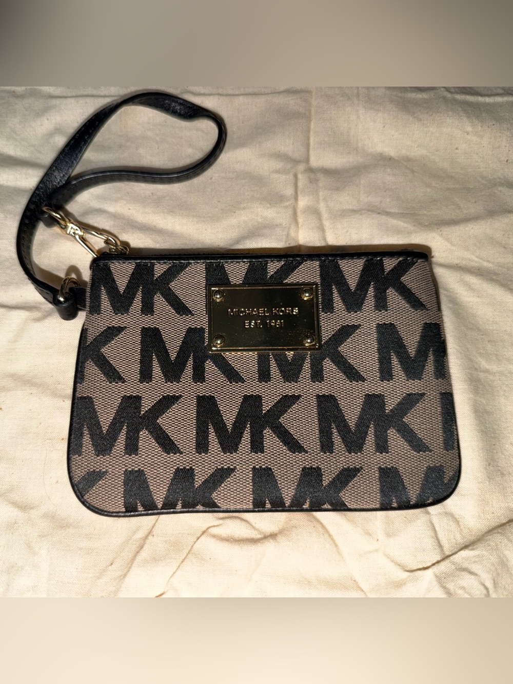 Michael Kors Black Logo Pattern Brown Wristlet with Gold Plate
